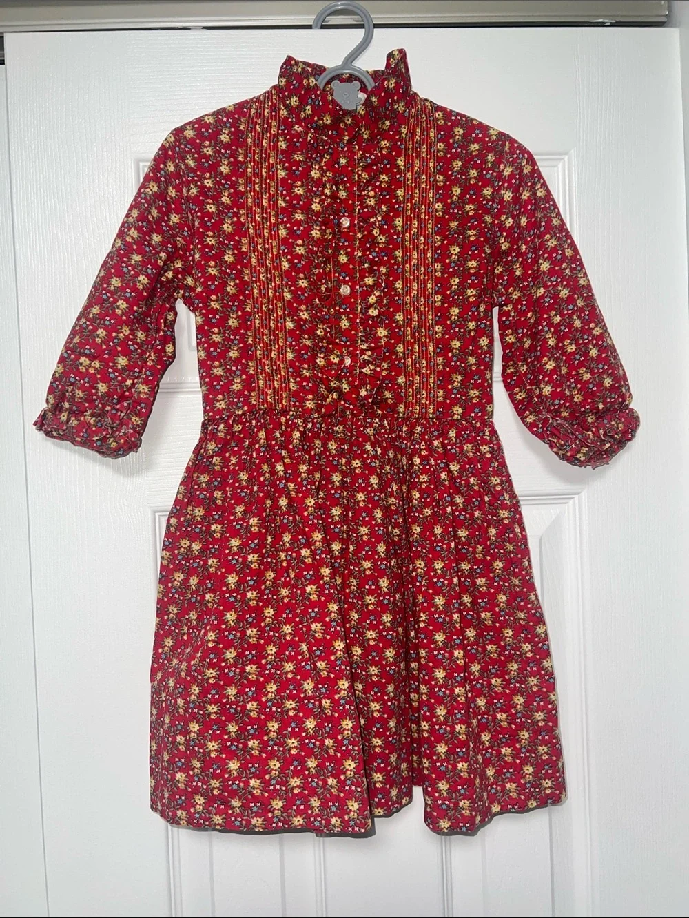 Vintage 70s Cinderella Girls Size 7 Red Floral Prairie Dress Ruffle